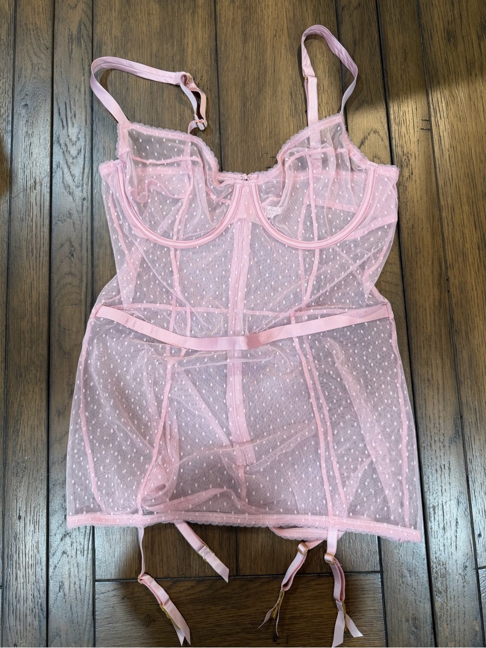 Victoria's Secret Pink Sheer Dot Mesh Chemise with Garter Details